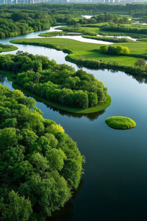 Aerial view of the natural scenery of the river forestの素材
