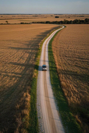 Vehicles traveling on the road in the fieldの素材