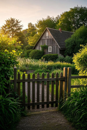 Country Log Cabin Courtyard with Wooden Fence Viewの素材