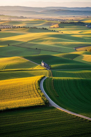 Winding paths and houses in the idyllic sceneryの素材