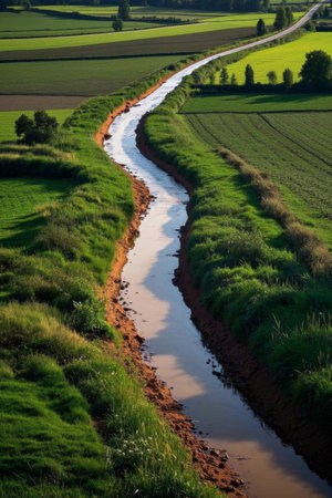 Natural scenery of winding rivers among fieldsの素材