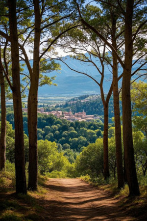 Forest path overlooking the architectural landscape at the foot of the mountainの素材