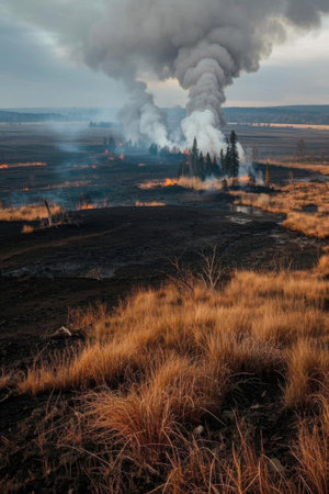 Wild grassland forest fire sceneの素材