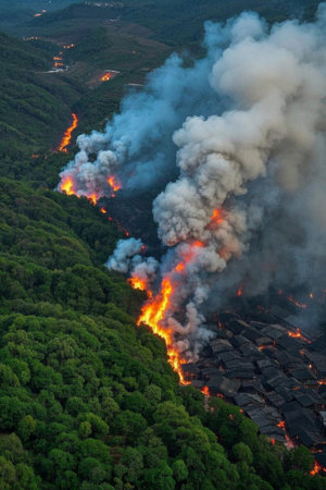 Aerial view of forest and village firesの素材