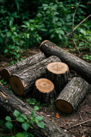 Log materials piled in the forestの素材