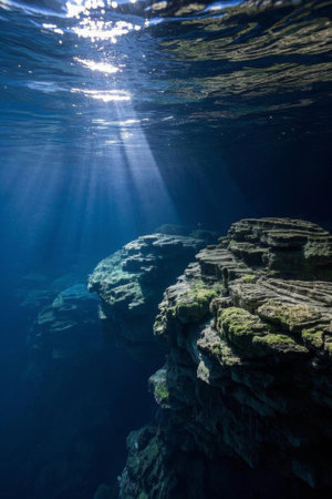 Underwater sun shines on the rocky landscapeの素材