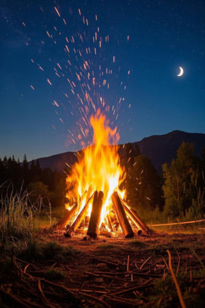 Bonfires burning in the wild at nightの素材