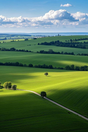 Vast green fields and country roadsの素材