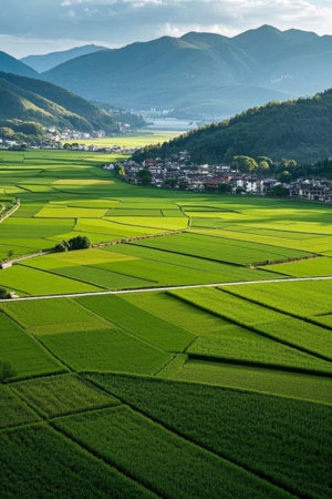 Overlooking the green rice fields and villages in the countrysideの素材
