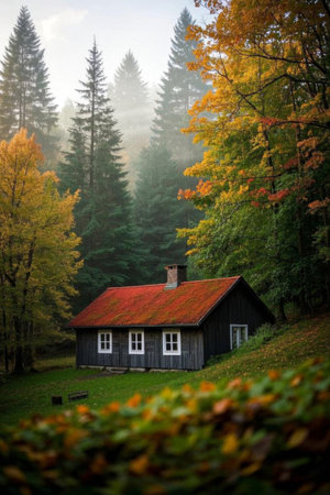 View of wooden houses in an autumn forestの素材