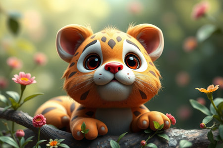 Cute cartoon tiger cubs lying on a branchの素材