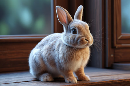 Close up of cute pet rabbit by the windowの素材