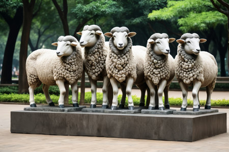 Five sheep sculptures in the parkの素材
