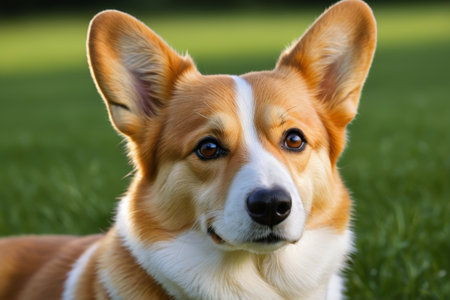 Close up of a Corgi on the grassの素材
