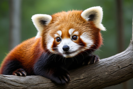 Close up of a red panda lying on a branchの素材