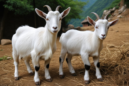 Two white goats standing outdoorsの素材