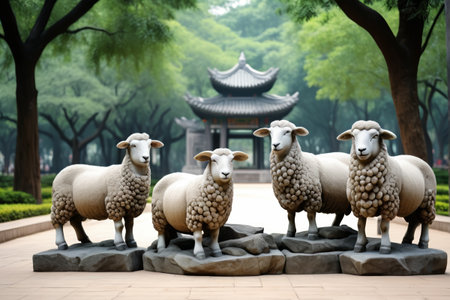 Sheep sculpture in front of the park's Chinese pavilionの素材