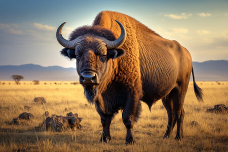 Close up of bison on the grasslandの素材
