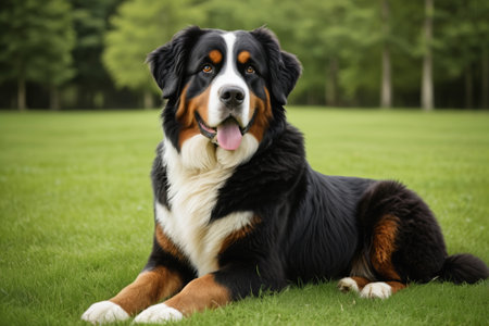 Bernese Mountain Dog resting in the grassの素材