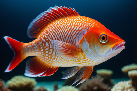Orange red striped fish swimming in the waterの素材