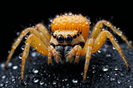 Close up of a yellow spider covered in water beadsの素材