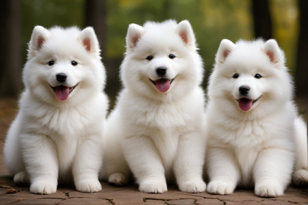 Three Samoyed puppies pose for an outdoor photoの素材