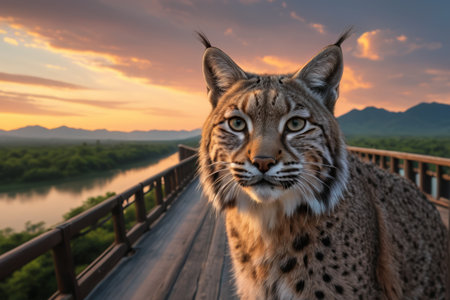 Bobcats on the bridge and dusk natural landscapeの素材