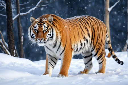 Tiger walking in the snowの素材