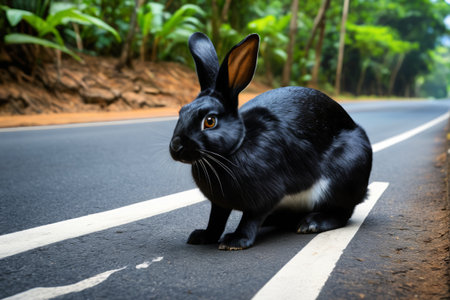 Black rabbit on the roadの素材