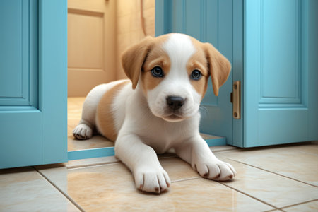 Cute puppy lying by the doorの素材