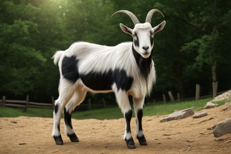 Black and white goat standing outdoorsの素材