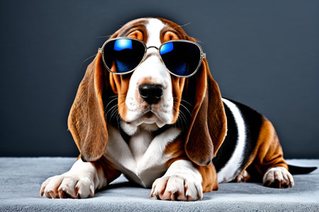 Basset Hound lying down with sunglassesの素材