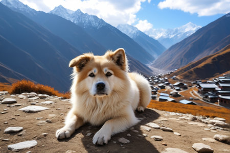 Pet dog lying on the ground in the mountainsの素材