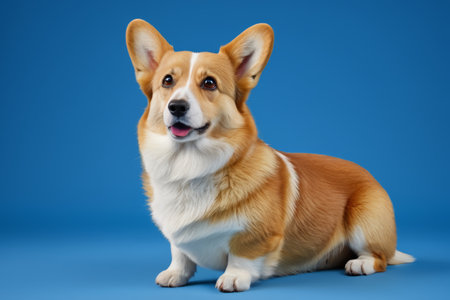 Cute pet dog in front of blue backgroundの素材