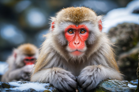 Close up of macaques resting in the snowの素材