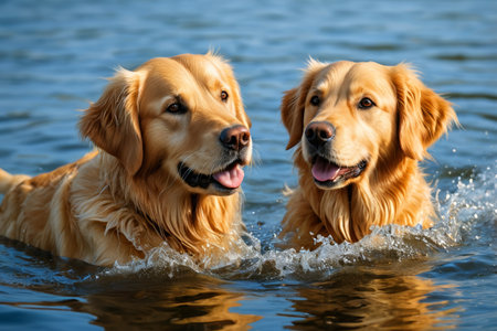 Two golden retrievers playing in the waterの素材