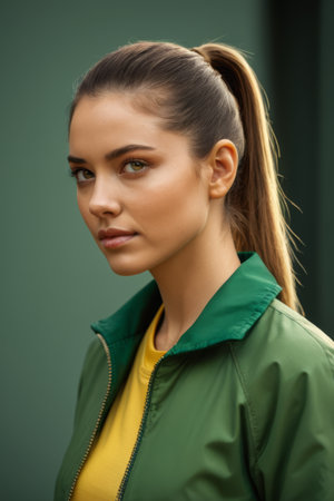 Portrait Close up of Young Woman Green Coatの素材