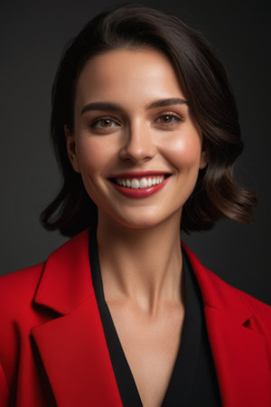 Portrait of smiling woman in red suitの素材
