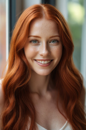Close up of a red haired woman smilingの素材