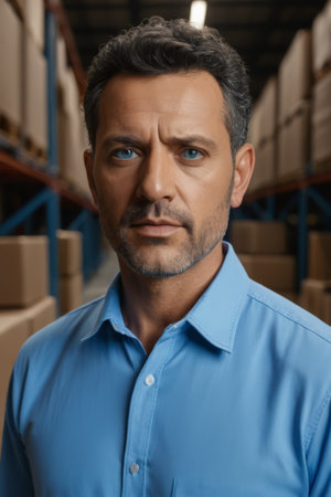 Man in blue shirt in warehouseの素材