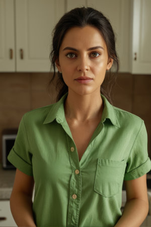 Portrait of young woman in green shirtの素材
