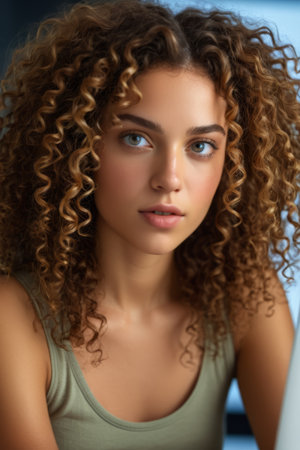 Close up of young curly haired womanの素材