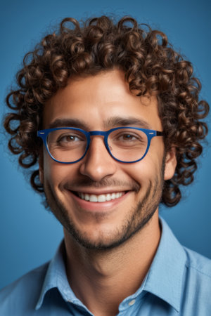 Portrait of a man with curly hair wearing glasses and smilingの素材
