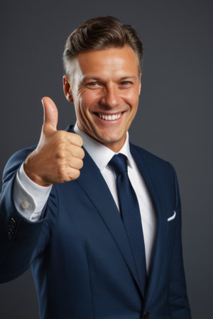 Suit man gives thumbs up and smilesの素材