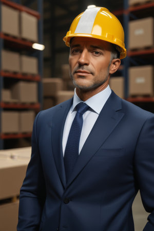 Men in suits and hard hats in a warehouseの素材