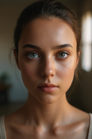 Close up portrait of young girl faceの素材