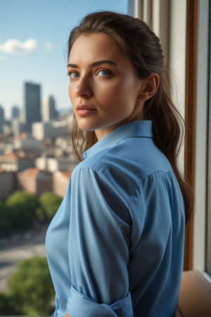 Portrait of a woman in business dress by the windowの素材