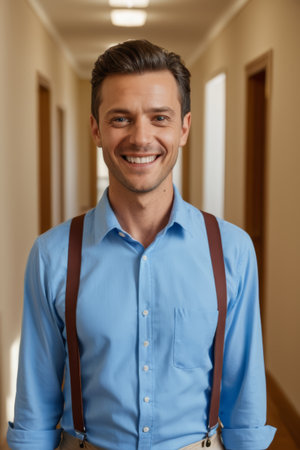Smiling young man in the corridorの素材