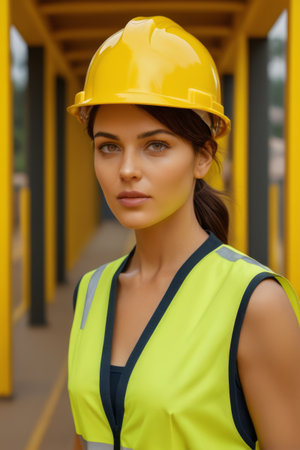 Women wearing hard hats and reflective vestsの素材