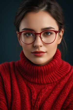 Woman with red framed glasses and red sweaterの素材